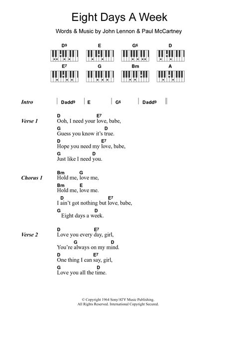 Eight Days A Week by The Beatles Sheet Music for Piano Chords/Lyrics at ...