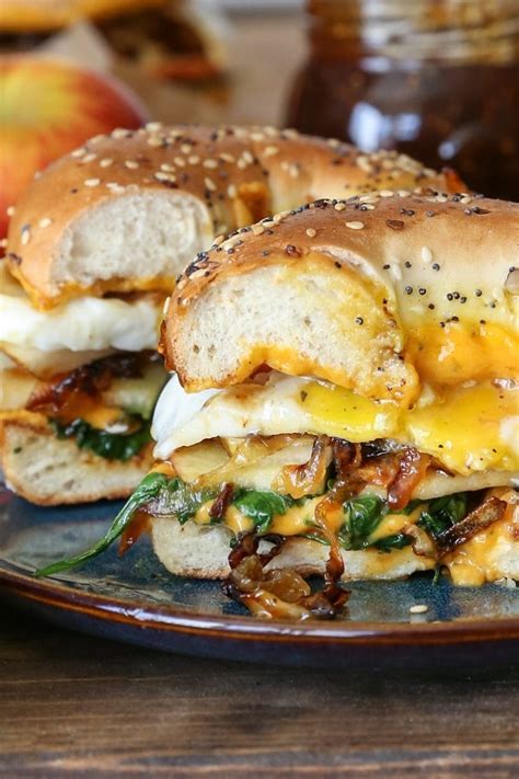 Pear Apple Cheddar Caramelized Onion Grilled Cheese Bagel Sandwich - The Roasted Root