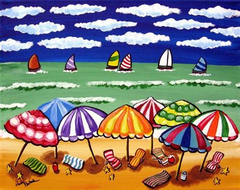 "Whimsical Beach Scene" by Renie Britenbucher | Whimsical art, Naive art, Beach art