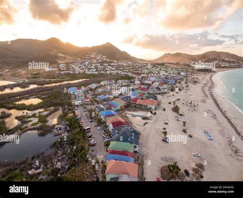 Beautiful view of orient bay beach on st.martin. Aerial view after getting damage by hurricane ...