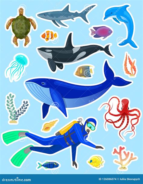 Stickers with Ocean Animals Stock Vector - Illustration of life, diving: 126086074