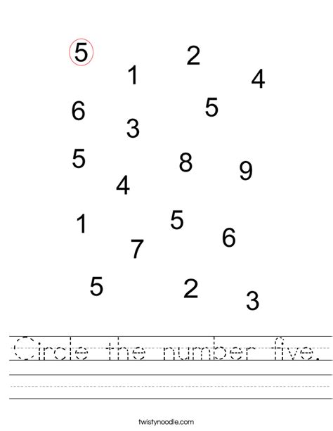 Circle the number five Worksheet - Twisty Noodle