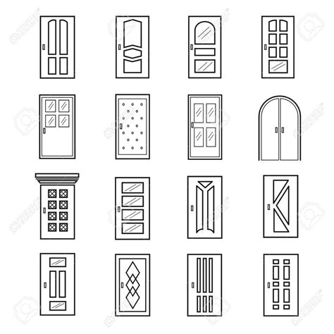 Linear door icons. Thin outline line doors of elevator and entrance ...