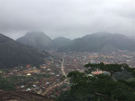 Aerial view of Idanre town in Ondo State from the top of Idanre Hill. The town is surrounded by ...