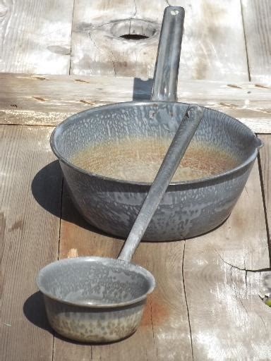 vintage grey granite ware dipper ladle & pan, old camping enamelware