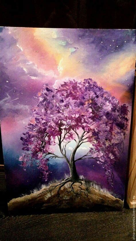 Purple tree painting idea with stormy dark sky. | Tree painting, Tree painting canvas, Painting