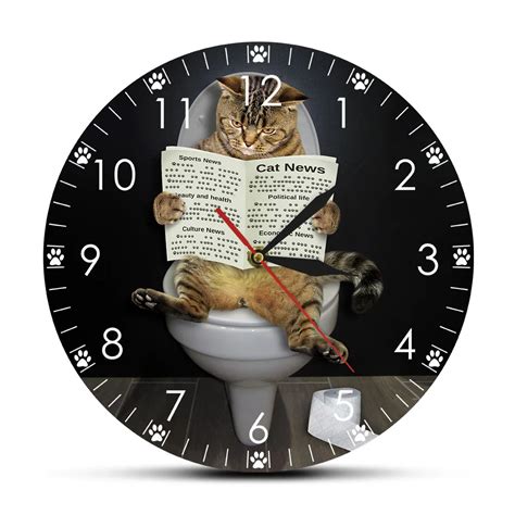 Reading-Newspaper-Cat-On-Toilet-Bedroom-Silent-Wall-Clock-Funny-Bathroom-Wall-Art-Decorative ...