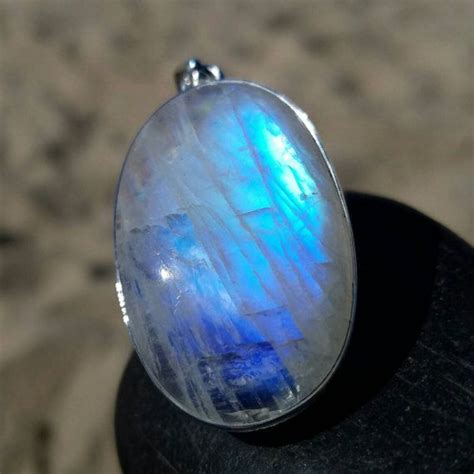 Blue Glow Rainbow Moonstone Pendant - 2.17" Large Oval Sterling Silver - Goddess Starseed Empath ...