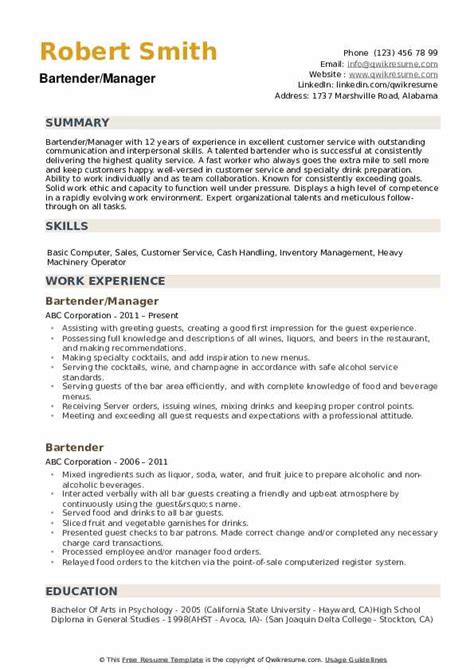 Bartender Resume Samples | QwikResume