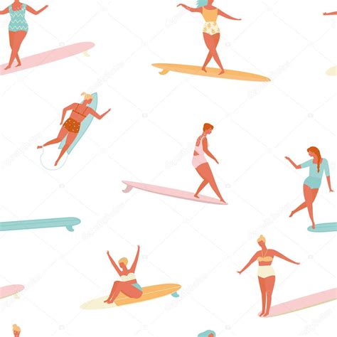 Girl surfer in bikini seamless pattern in vector. Flat style ...