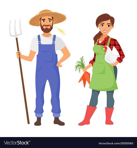 Vector cartoon style illustration of farmers: man and woman character. Isolated on white ...