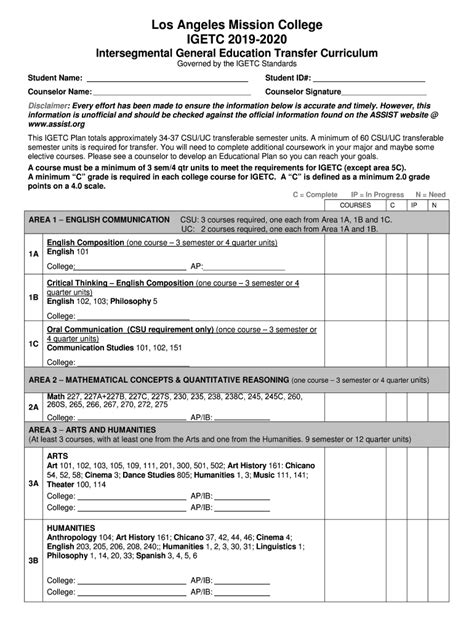 IGETC Form - Los Angeles Mission College - Fill and Sign Printable Template Online | US Legal Forms