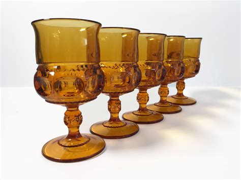 5 Vintage Amber Glass Wine Water Glasses - Decorative Sides & Stems w ...