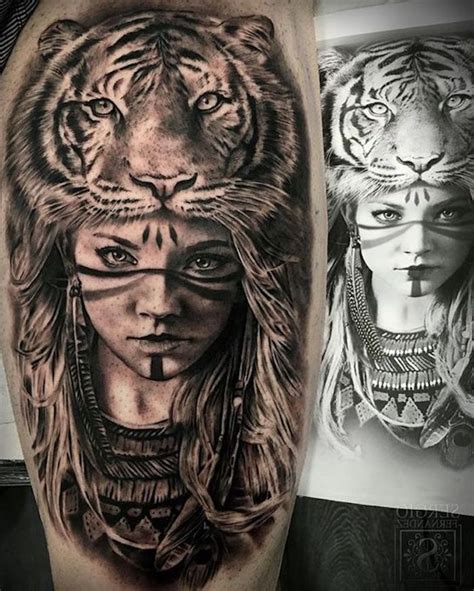 tiger tattoo, schwarz weiße zeichnung, frau, feder, tigerkopf ...