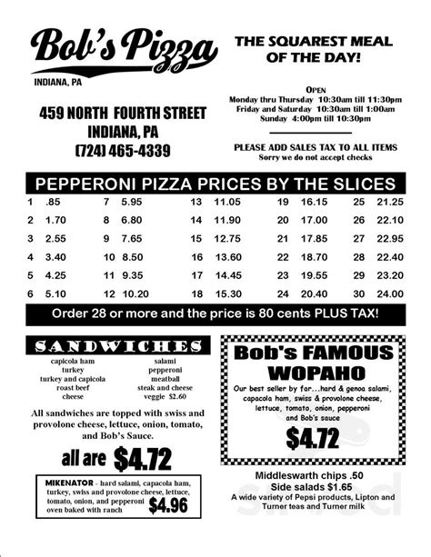 Menu for Bob's Pizza in Indiana, PA | Sirved