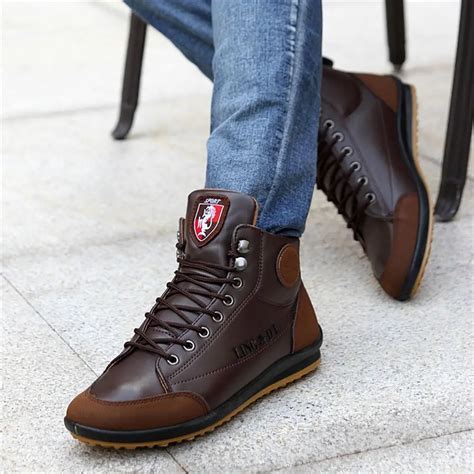 New 2018 Fall Winter Leather Boots Men Fashionable Warm Cotton Ankle Boots Casual Lace up ...