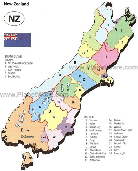 Map of New Zealand - South Island Regions and Districts | PlanetWare ...