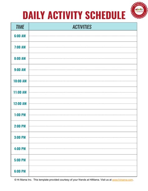 Daily Activity Schedule Template - Hi Mama Download Printable PDF ...