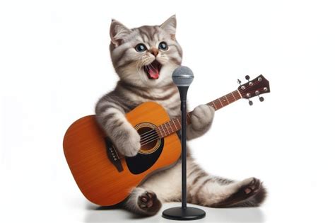 Premium Photo | Cat singing along and playing the guitar on a white ...