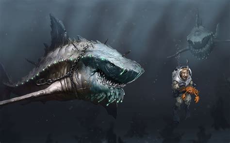 Wallpaper : digital art, shark, underwater, chains, divers, bubbles, crabs, knife, dark humor ...