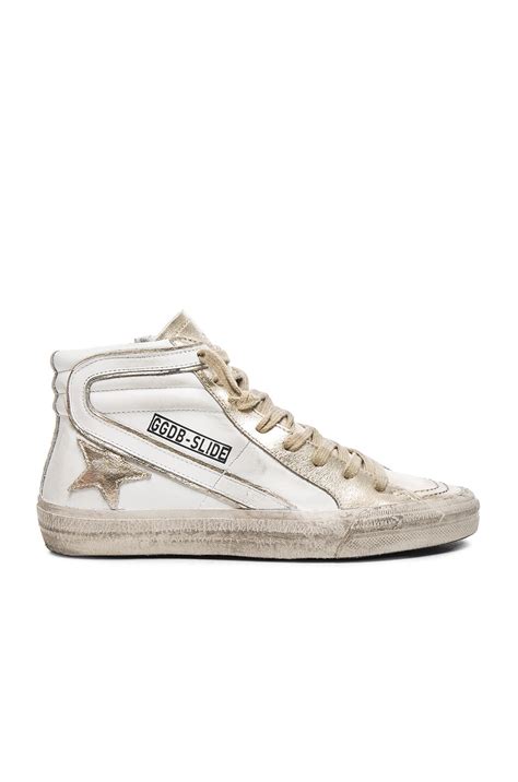 Golden Goose Leather Slide Sneakers in White & Gold | FWRD