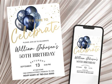 Men's Birthday Invitation Balloons Printable Let's Celebrate Party Invite Editable Template Blue ...