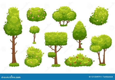 Cartoon Trees and Bushes. Green Plants with Flowers for Vegetation Landscape. Nature Forest Tree ...