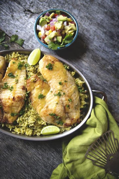 Pan Fried Tilapia over Green Rice topped with Mango and Avocado Salsa - Muy Bueno Cookbook