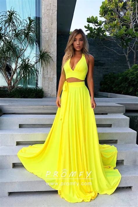 Fashion Bright Yellow Jersey Two-piece Halter V-neck Long Prom Dress ...