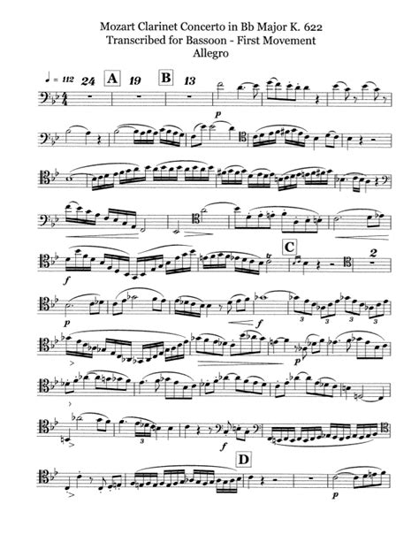 Mozart Bb Clarinet Concerto op. 622 for Bassoon (arr. DavidJHare) Sheet ...