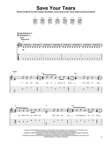 Save Your Tears by The Weeknd Sheet Music for Easy Guitar Tab at Sheet ...