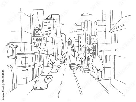 City street linear perspective sketch road view. Cars end buildings ...