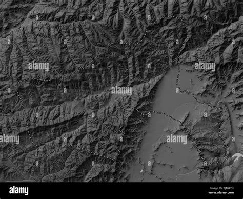 Parwan, province of Afghanistan. Grayscale elevation map with lakes and ...