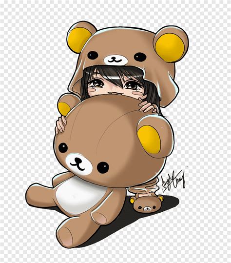 Girl wearing bear costume while holding brown bear plush toy illustration, Chibi Rilakkuma Anime ...