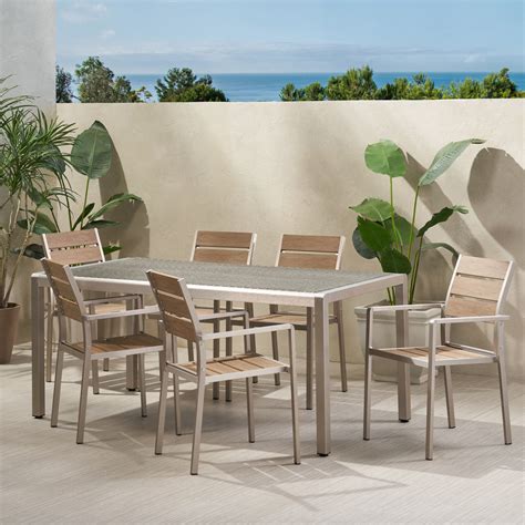 Cherie Outdoor Modern Aluminum 6 Seater Dining Set with Faux Wood Seat ...