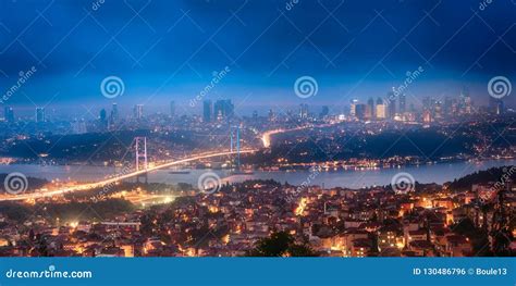 Night Aerial View of Bosphorus Bridge and Panorama of Istanbul Stock ...