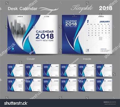 Desk Calendar 2018 template design, Purple cover layout, Set of 12 ...