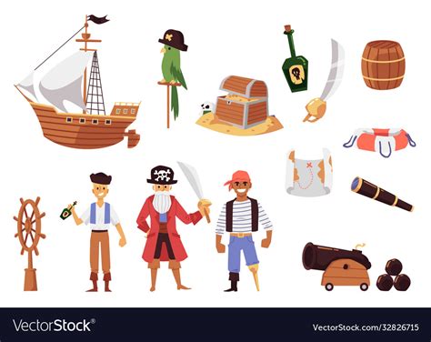 Cartoon pirate set - sailboat ship treasure chest Vector Image