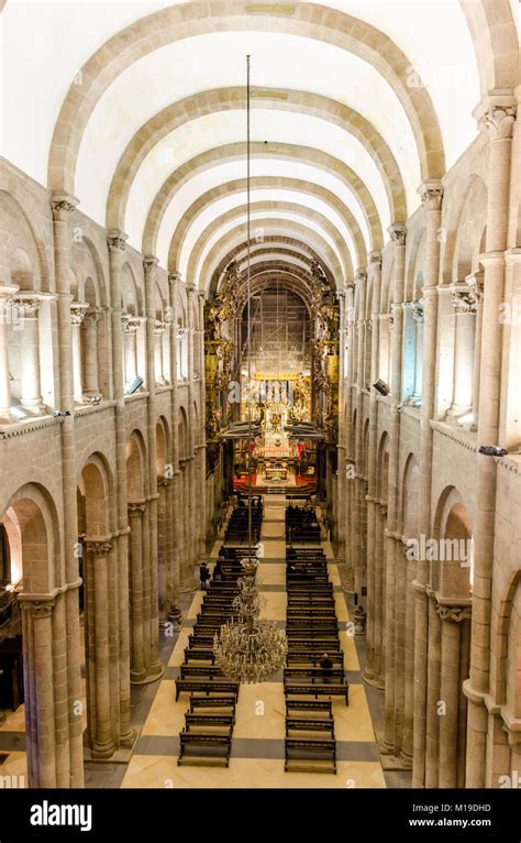 Santiago de Compostela Cathedral. Interior view from tribune. Main nave ...