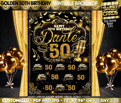 5OTH Birthday Printable Party Backdrop, Fifty Birthday Party Backdrop, Gold and Black 50th ...