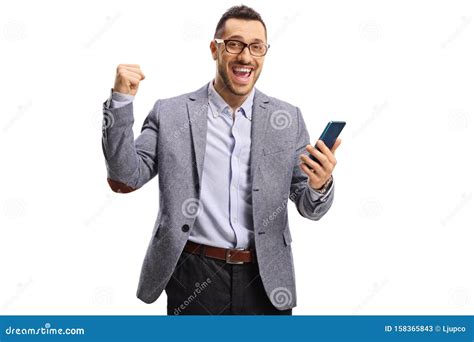 Happy Man Holding a Mobile Phone and Gesturing Yeah Stock Image - Image of hand, lifestyle ...