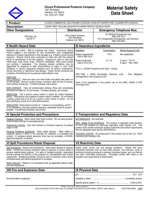 Clorox Bleach Msds | Chemistry | Chemical Substances