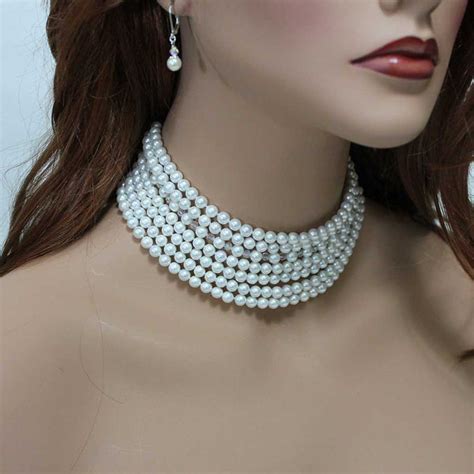 Pearl Choker Necklace, Multi Strand Bridal Statement Jewelry ...