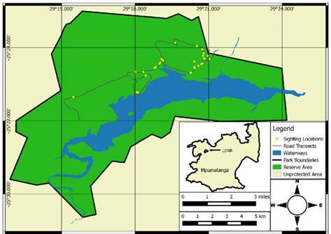 Map of driven transects and sightings in Loskop Dam Nature Reserve ...