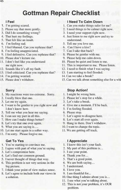 Psychologist John Gottman's "Relationship Repair Checklist" | Therapy worksheets, Gottman repair ...