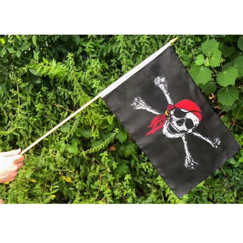 Jolly Roger Red Hat Flag ( Pirate Flag Skull and Crossbones with Red Cap ) 12 x 18 inch on Stick