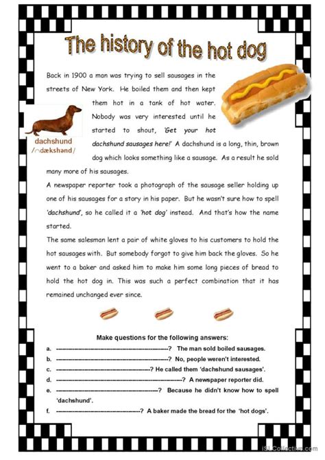 The history of the hot dog: English ESL worksheets pdf & doc