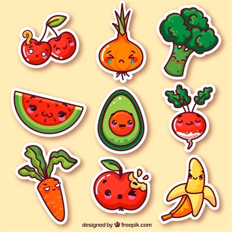 Vegetables and fruits funny stickers | Free Vector