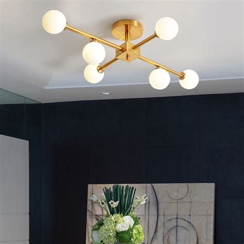 Mid Century Modern 6/10 Light Brass Semi Flush Mount Ceiling Light with ...