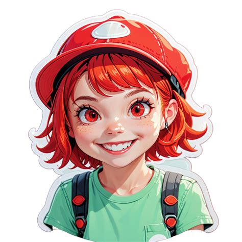 I made an AI sticker of Red hair, red eyes, short hair, small hat, smiling